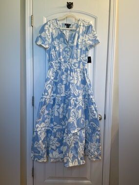 Coastal Sky Blue and White Floral Tiered Dress